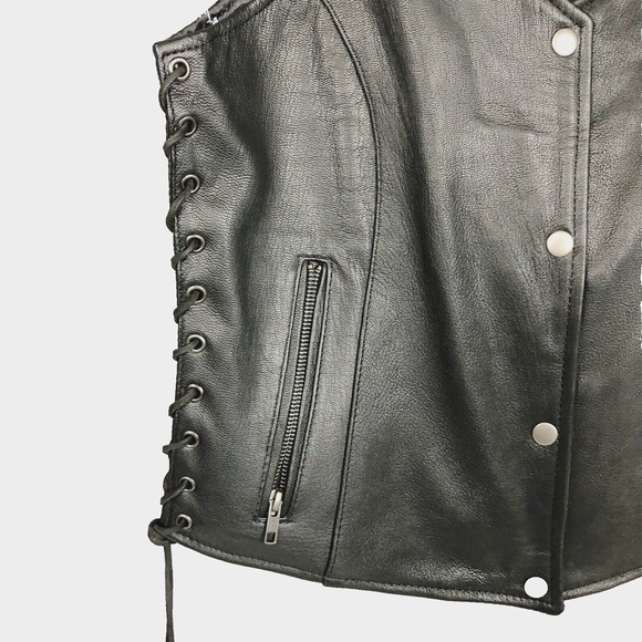 Unik Premium Women Sz M Black Leather Snap Front Vest Side Laces Paisley Liner - Picture 5 of 16